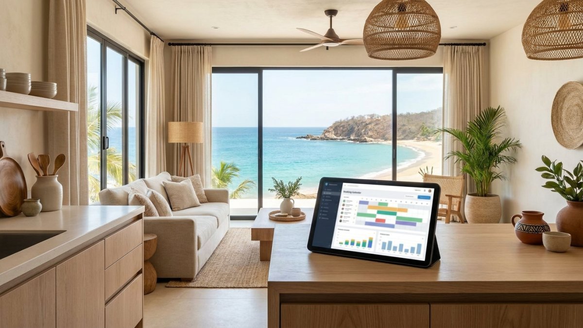 Interior de un condominio de renta vacacional con vista al mar y una tablet con el calendario de reservaciones