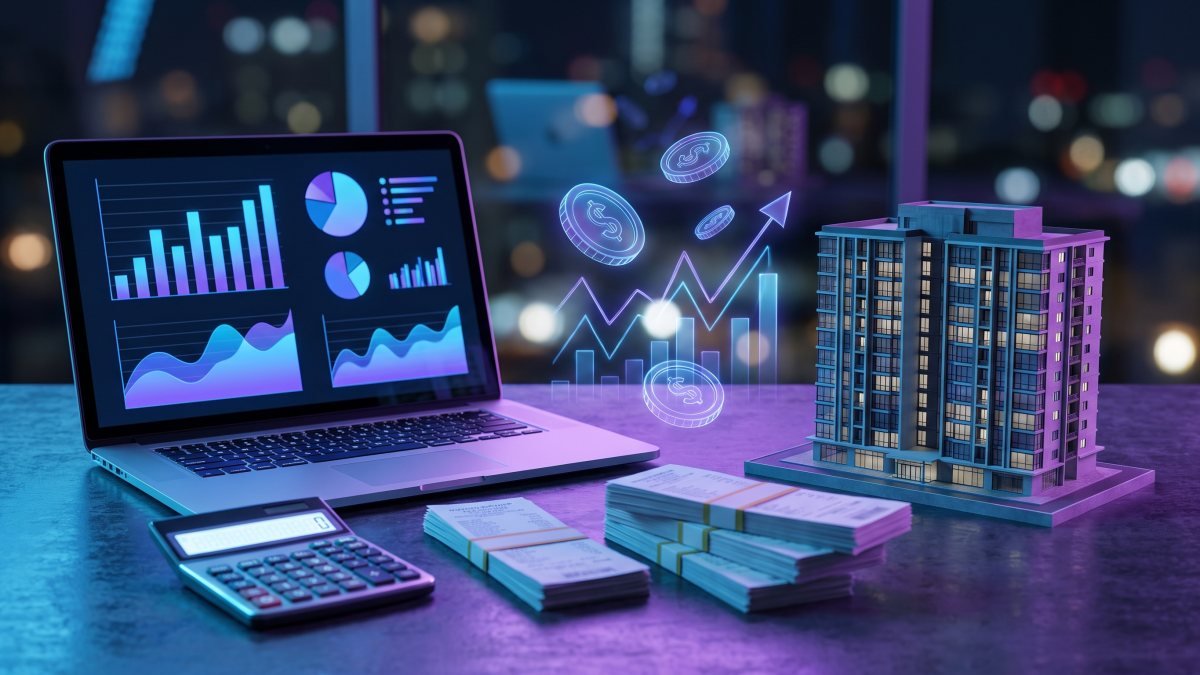 Escritorio con laptop de gráficas financieras, calculadora, recibos y la maqueta de un edificio de condominios